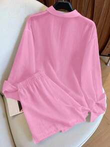 Conjunto de camisa de manga larga a rayas de un solo pecho y pantalones cortos versátiles de estilo vintage casual - Rosa - Ver 2