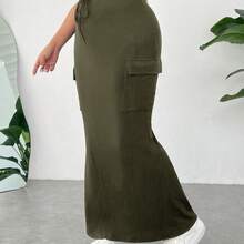 Plus Size Women's Casual High Waist Belted White Cargo Midi Skirt - Café integral - Ver 6