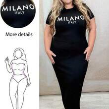 Dollyholly86 Casual Minimalist "MILANO" Graphic Plus Size Slim Fit Round Neck Short Sleeve Mid-Length Dress, Suitable For Summer Suitable For Going Out, For Hourglass Body Shape - Negro - Ver 1