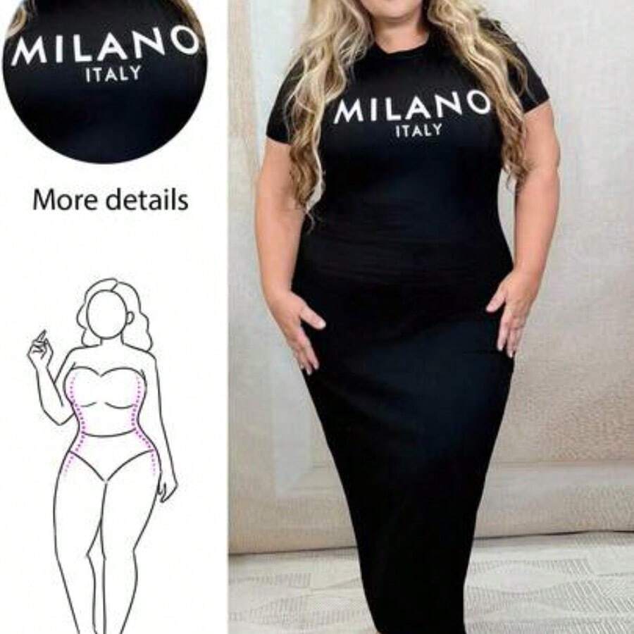 Dollyholly86 Casual Minimalist "MILANO" Graphic Plus Size Slim Fit Round Neck Short Sleeve Mid-Length Dress, Suitable For Summer Suitable For Going Out, For Hourglass Body Shape - Negro - Ver 1
