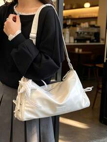 New Fashion Casual Solid Color PU Fabric Crossbody Bag With Hanging Ornament, Drawstring Tie, Multiple Pockets, Large Capacity Women's Shoulder Bag - A - View 2