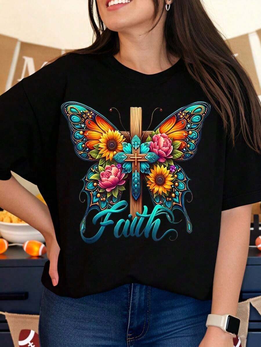 Camiseta Cristiana Faith Butterfly Cross con Diseño Floral para Mujer, Regalo Religioso para Pascua y Navidad - Negro - Ver 1