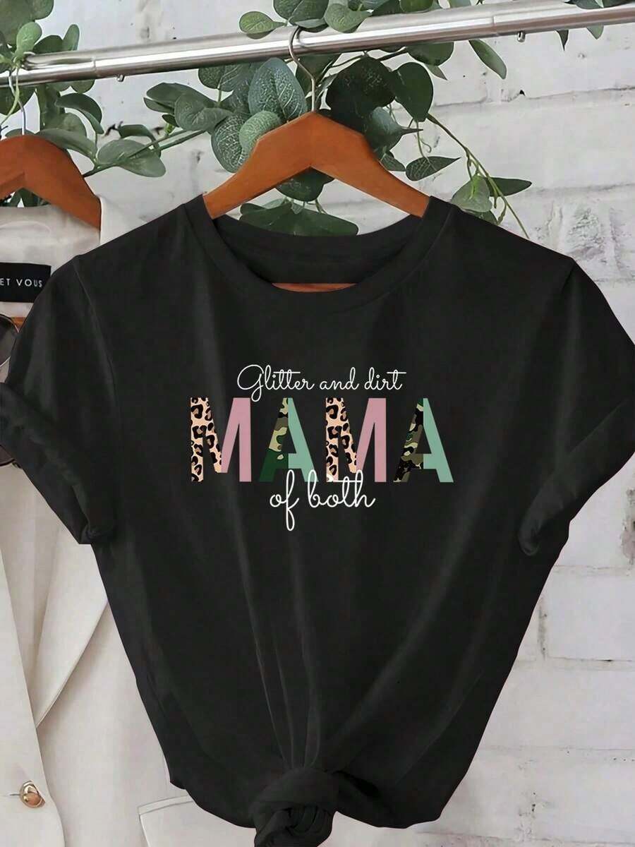 Women's T-Shirt, Creative Monogram T-Shirt For Mother's Day, Casual For Women, Vacation, Short Sleeve, Round Neck, Spring And Summer, Machine Washable, New Women's Clothing, Versatile For Street Wear, Comfortable Cotton T-Shirt, Size S, Comfortable And Lightweight - 黑色 - 查看 1