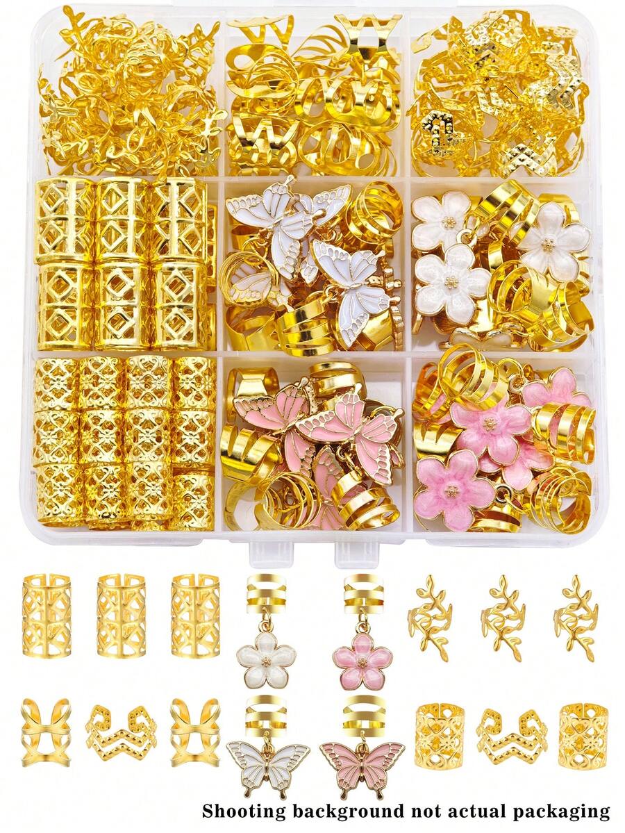 54pcs Floral Fantasy Hair Rings, Including White Heart, Pearl, Daisy, Pink Butterfly And Camellia, Multi-Shape Adjustable Braided Hair Accessories
