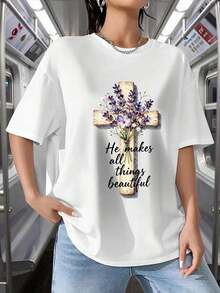 Women's Christian Faith T-Shirt - Boho Chic Style With Watercolor Wildflower And Cross Print, Short Sleeve, Round Neck, Casual Church Wear, Gift For Daughter Or Sister, Machine Washable Religious Clothing, Relaxed Fit T-Shirt - 白色 - 查看 1