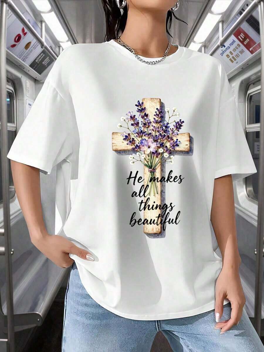 Women's Christian Faith T-Shirt - Boho Chic Style With Watercolor Wildflower And Cross Print, Short Sleeve, Round Neck, Casual Church Wear, Gift For Daughter Or Sister, Machine Washable Religious Clothing, Relaxed Fit T-Shirt - 白色 - 查看 1