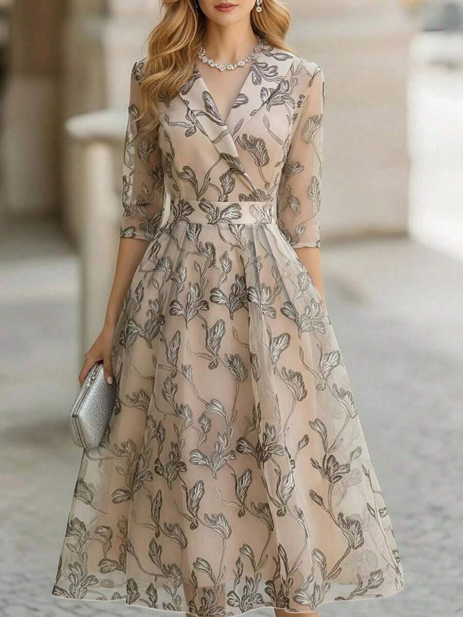 Vestido formal largo con estampado de hojas elegante para mujer, primavera/otoño - Multicolor 4 - Ver 1