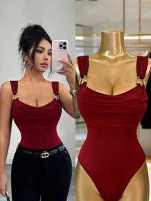 Body elegante de un solo color con cuello halter para mujer, para el verano - Burdeos - Ver 5
