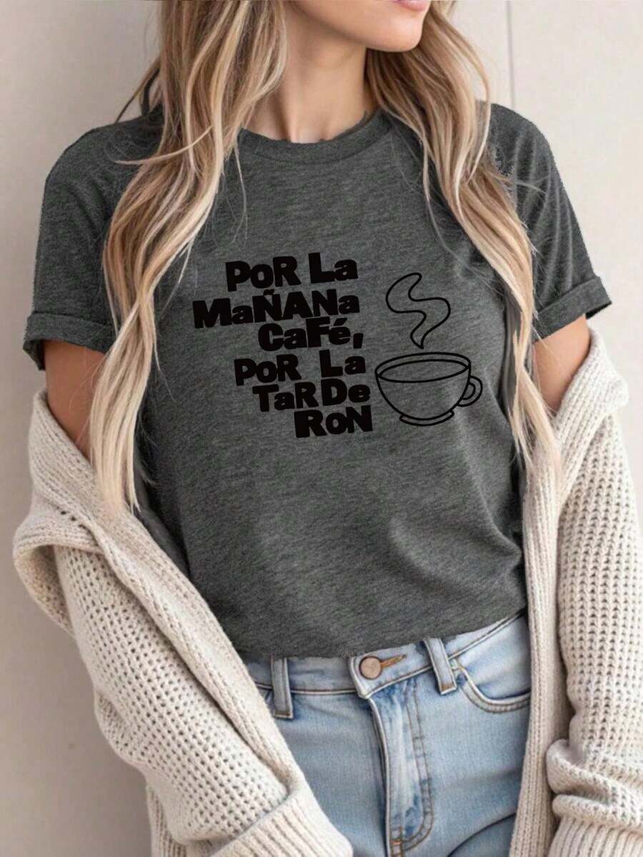 Camiseta oversize gris de verano para mujer con estampado de cerezas leopardo y texto "Cherry" Playera holgada de cuello redondo con diseño de cerezas de leopardo, estilo chic y audaz - YH473-Gris - Ver 1