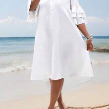 Women Solid Color Simple Casual Beach Short Sleeve Layered Ruffle Sleeve Shirt, Uneven Hem Mid-Length Dress,Graduation Dress - Rosa - Ver 7