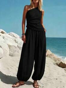 New Women's Summer 2-Piece Set, Minimalist Casual Style, Solid Color, Sleeveless Top, High-Waisted Loose Pants, Flattering, Perfect For Daytime Looks, Walks And Casual Occasions - 黑色 - 查看 2