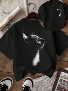 Cat Head In Profile Illuminated By A Soft Light Symbolizing Mystery, Intuition And Elegance With A Deep Gaze That Reflects Calm And Inner Strength. Women's Double-Sided Casual Modern T-Shirt - 黑色 - 查看 1