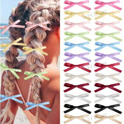 24pcs/Set Women's Fashion Sweet Colorful Ribbon Bow Hair Clips, Ballerina Style Hair Accessories, Fairy Ribbon Hair Clips, Pigtail Clips