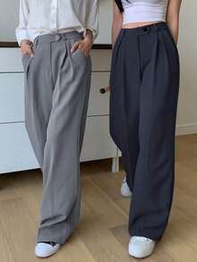 1 pieza Pantalón de vestir de cintura alta con bolsillos en diagonal, atuendo de negocios para mujer - Azul marino - Ver 4