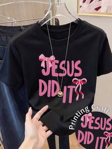 Camiseta de manga corta con estampado para mujer, ropa de primavera, atuendo para festividades, blanca para verano, look playero, estilo vacacional, estilo rural, atuendo de oficina para mujer. - Negro - Ver 1