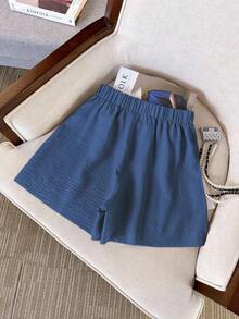2 piezas Conjunto casual de mujer con chaleco de un solo abotonado y pantalones cortos de unicolor - Azul - Ver 4