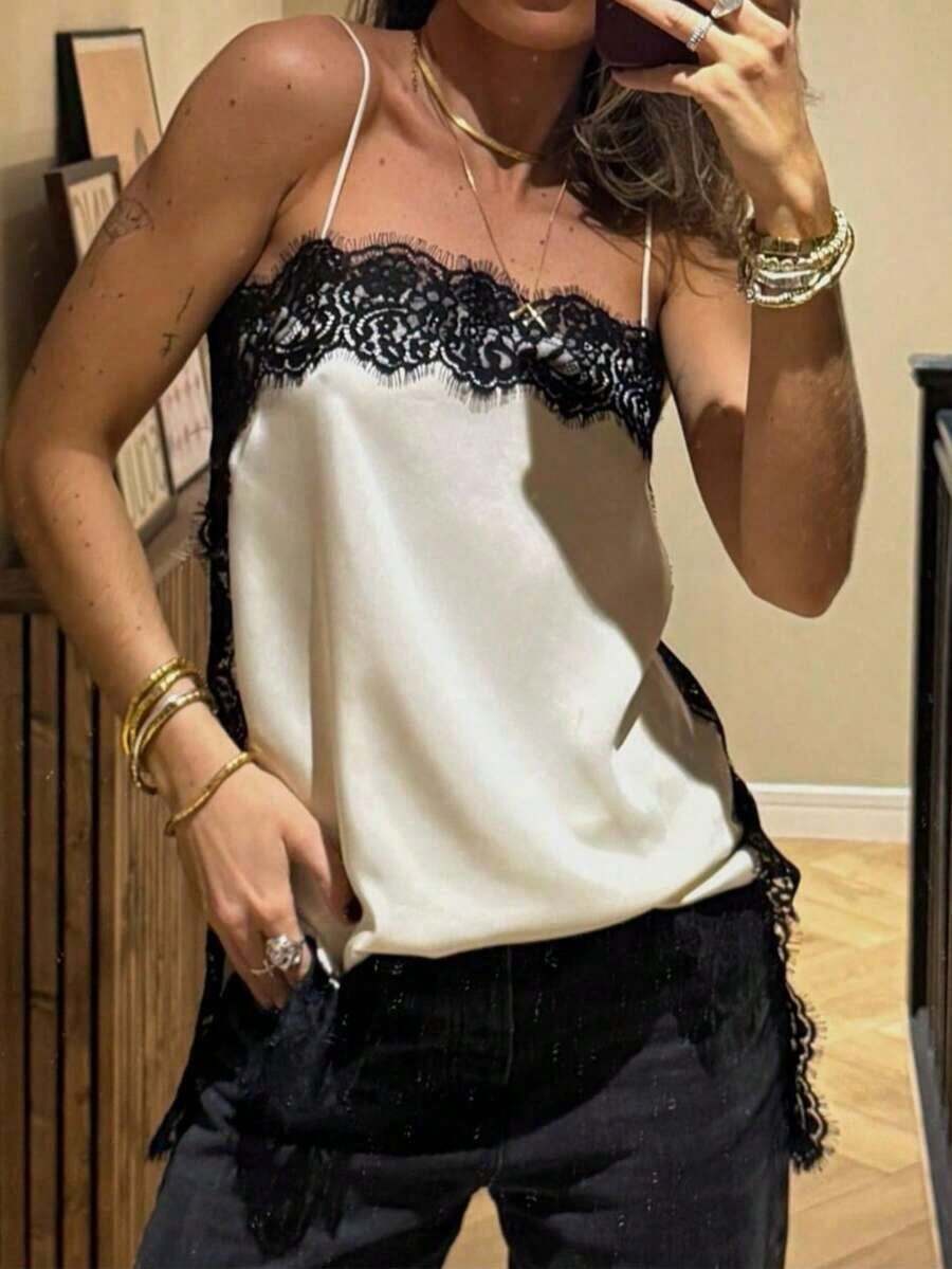 Blusa de satén y encaje elegante de moda para mujer, nueva colección de verano DEEKA - Blanco - Ver 1