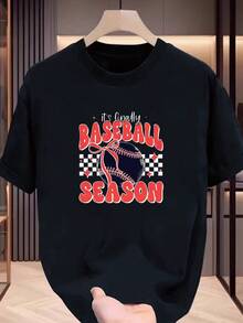 Camiseta gráfica de la temporada de béisbol para mujeres y hombres - a cuadros rojos y blancos con la frase "¡Por fin es temporada de béisbol" y diseño de béisbol y estrella, camiseta de manga corta casual con un ajuste holgado para el verano, lavable a máquina, perfecta para parejas o uso individual, material de tela suave. - Negro - Ver 2