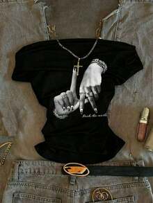 Camiseta de manga corta ajustada con hombros descubiertos y pliegues en la cintura, con estampado de limón, adecuada para el verano - Negro 5 - Ver 7