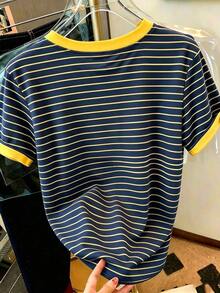 Camiseta casual de mujer de manga corta con cuello redondo y rayas - Multicolor 3 - Ver 2