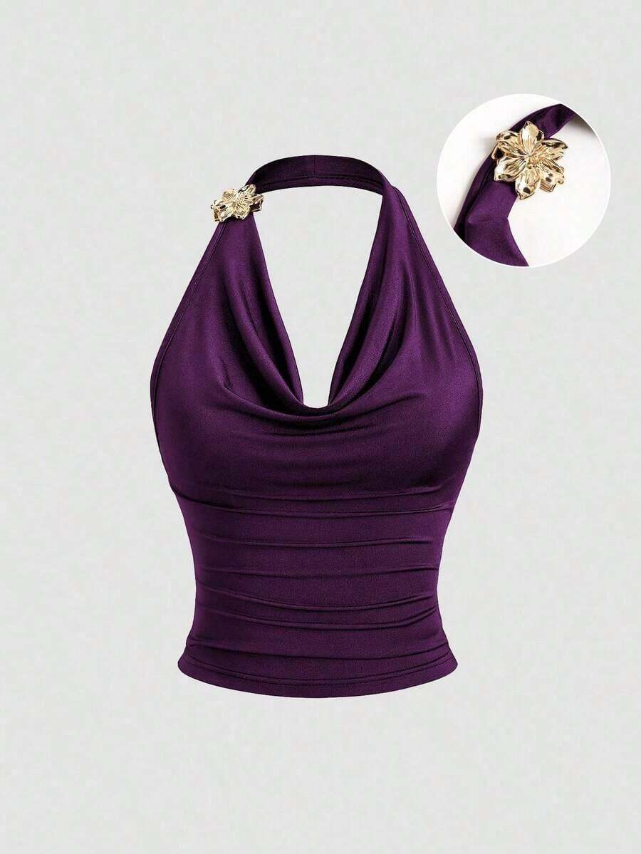 Sweetro Top corto sin mangas con cuello de volantes inspirado en el estilo vintage, con diseño de cintura plisada, moda de verano para mujer - Morado - Ver 1