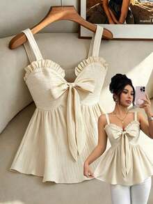 Top sin mangas casual para mujer, diseño de moda con tirantes de lazo, nudo de moño, a rayas azul y blanco, cintura ceñida, sexy y favorecedor, versátil para uso diario y citas, verano - Albaricoque - Ver 12