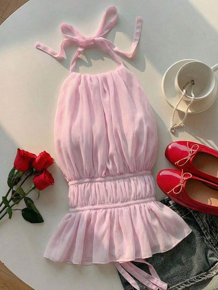 Top sin mangas con cuello de halter plisado, cintura ajustada y espalda abierta - Rosa - Ver 1