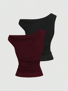 Set de 2 camisetas ajustadas con cuello asimétrico, versátil top casual, primavera/verano - Multicolor 12 - Ver 2