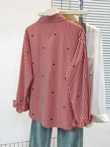 Camisa de manga larga con estampado a rayas y lazo, con botones delanteros, cuello de camisa, top casual, adecuado para primavera, otoño e invierno en color rosa - Rojo - Ver 5
