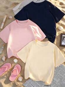 Set de 3 camisetas de manga corta de cuello redondo de estilo casual y versátil para uso diario de mujer - Azul marino, rosa y albaricoque - Ver 1