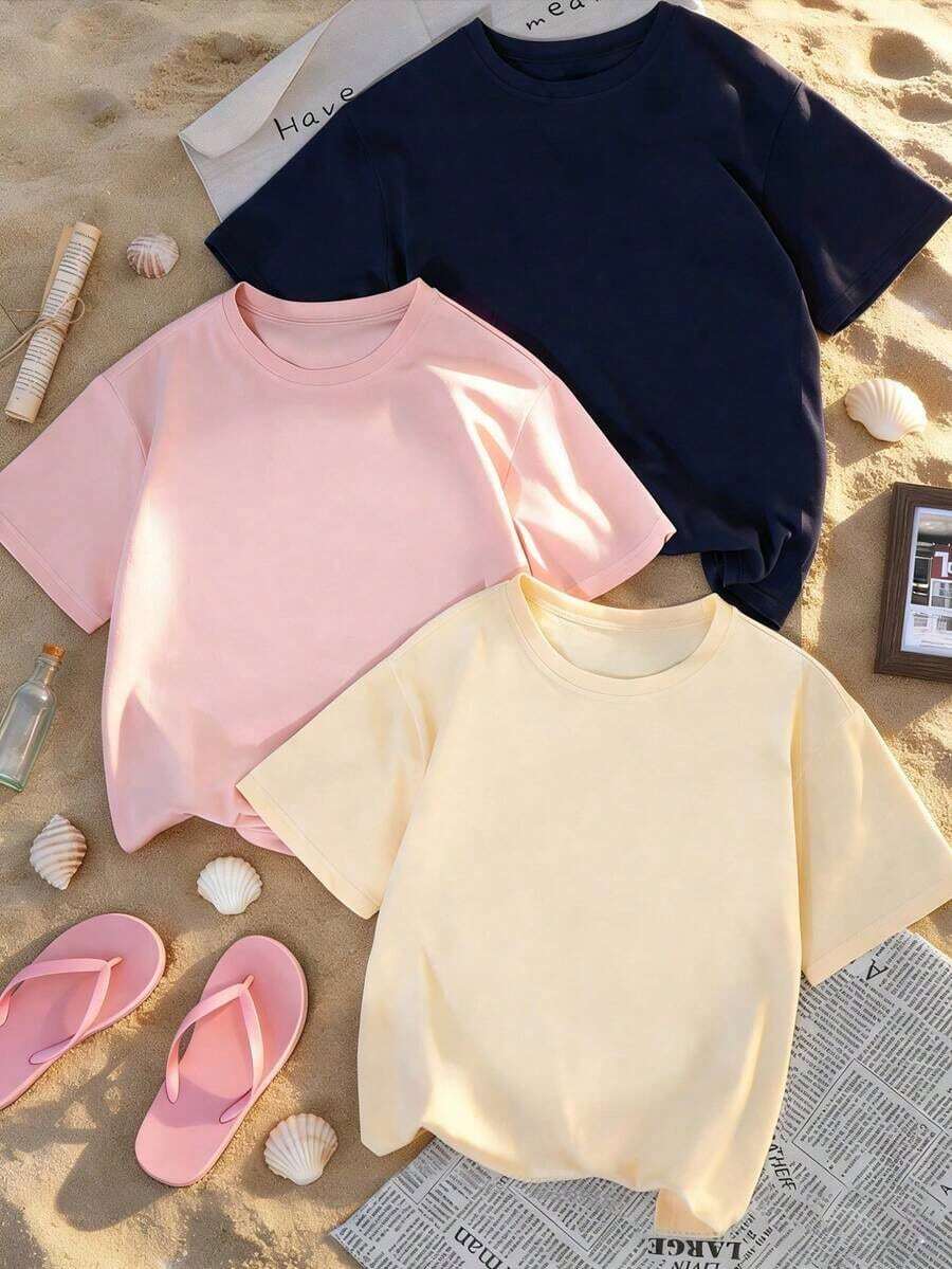 Set de 3 camisetas de manga corta de cuello redondo de estilo casual y versátil para uso diario de mujer - Azul marino, rosa y albaricoque - Ver 1