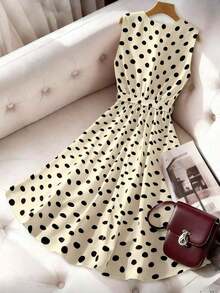 Vestido de línea A con cuello en V sin mangas, estampado de lunares y lazo en la cintura, adecuado para el Día de San Valentín y citas - Albaricoque - Ver 2