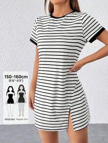 Vestido camiseta con bloqueo de color y estampado de rayas - Blanco - Ver 8