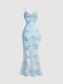 Vestido largo con abertura alta, cuello en V y volantes, con estampado de teñido anudado, vestidos de verano para mujer, vestidos en tonos pastel, vestido de fiesta, atuendo de fiesta, vestido de playa, atuendos de playa para mujer, vestidos ele - Azul 3 - Ver 2