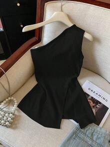 Top de tirantes con abertura en el hombro de unicolor casual, verano - Negro - Ver 1