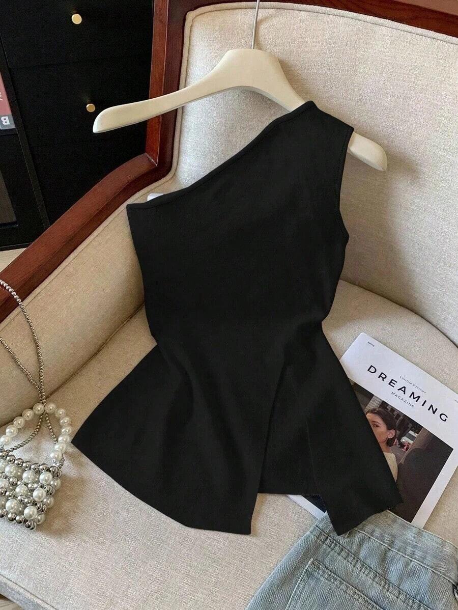 Top de tirantes con abertura en el hombro de unicolor casual, verano - Negro - Ver 1