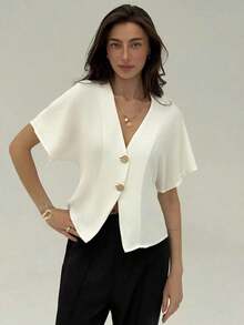 Camisa blanca sólida con mangas de murciélago, doble botonadura y frente abierto elegante - Blanco 2 - Ver 1