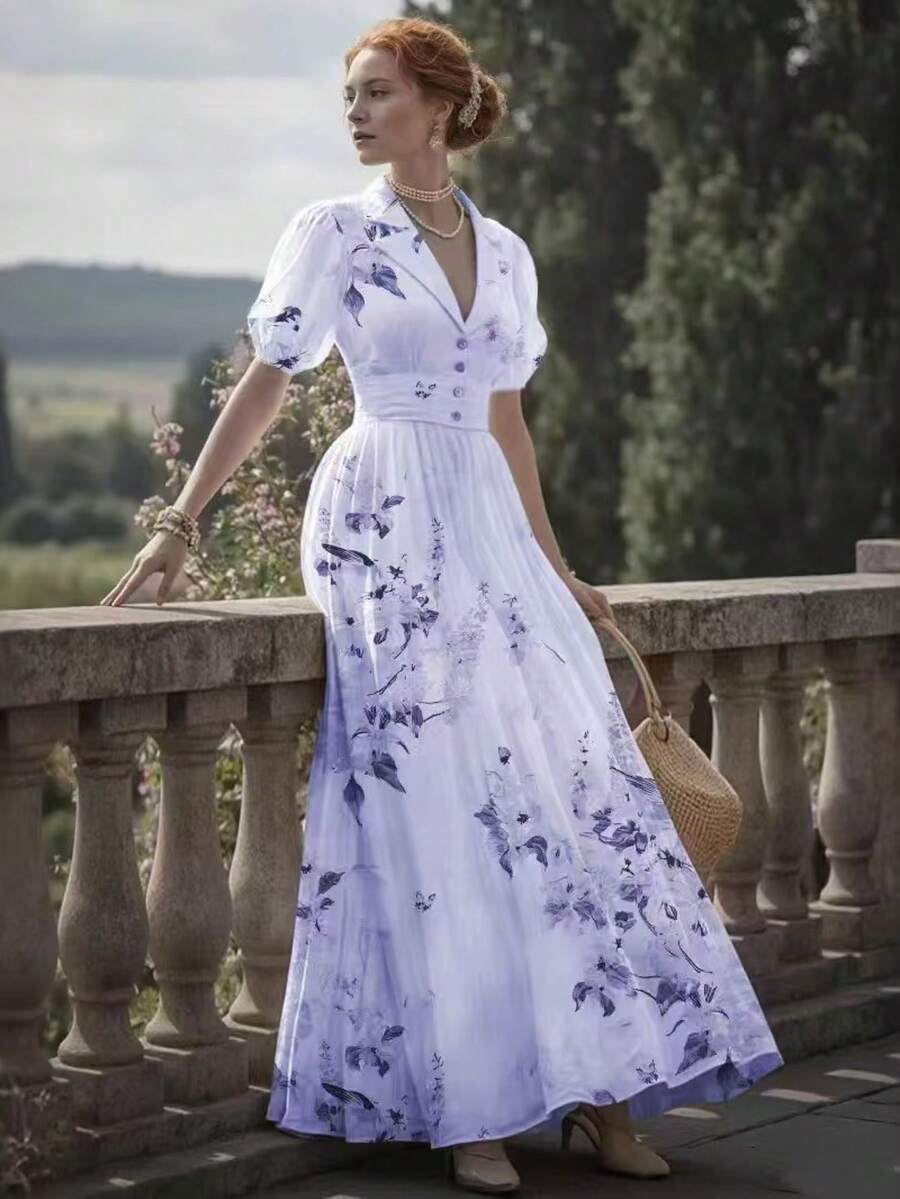Vestido largo nuevo con estampado de estilo palacio muy popular - Morado - Ver 1