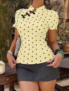 Blusa de cuello Mao de manga corta con cintura ceñida, estilo chino nuevo en color albaricoque, nuevo diseño de primavera/verano para mujer - Amarillo claro - Ver 6