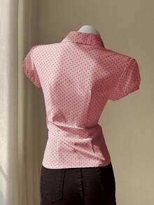 Camisa de mujer con cuello en V, cintura fruncida y manga corta, color blanco, para primavera/verano - Rosa 3 - Ver 2