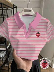 Camisa polo casual de manga corta con rayas y estampado de cerezas - Multicolor 3 - Ver 4