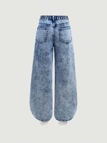 Girlism Jeans rectos y sueltos de mezclilla azul con agujeros rotos para adolescentes - Lavado ligero - Ver 2