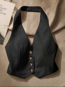 Top sin mangas con espalda descubierta casual para mujer, con botones delanteros, estilo elegante, para verano - Negro - Ver 1
