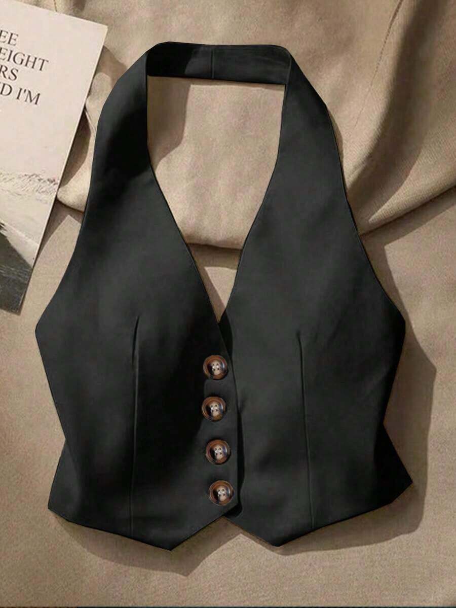 Top sin mangas con espalda descubierta casual para mujer, con botones delanteros, estilo elegante, para verano - Negro - Ver 1