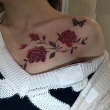 New Arrival Dark Personalized Waterproof Temporary Tattoos, Butterfly & Rose Floral Designs, Tattoo Stickers For Women - Multicolor - View 1