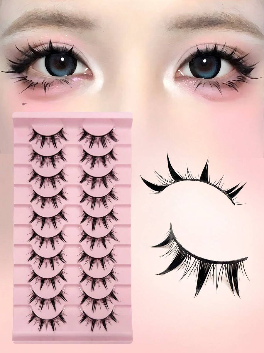 10 Pairs Anime Style False Eyelashes, Thick Black Pointed Tip Cartoon Eyelashes, Cute Lashes For Party, Natural Makeup Effect Anime Lashes, Delicate Korean Style Lashes, Exaggerated Thick Japanese Cosplay Lashes - Black - View 1