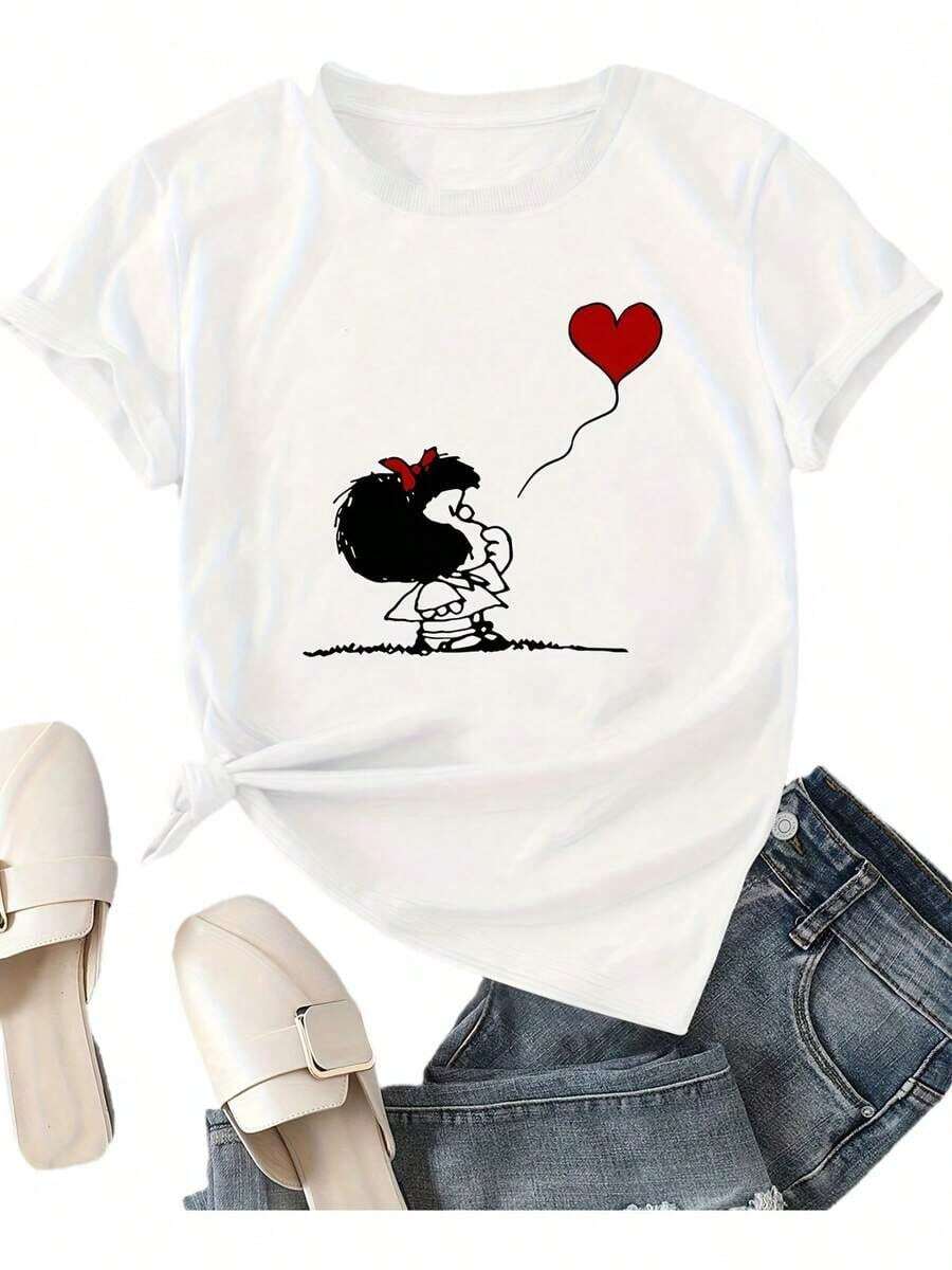 Mujer - Cuello Redondo con Estampado Divertido y Gráfico, Transpirable y Lavable a Máquina, Blusa Blanca de Moda Urbana para Comodidad Diaria, Diseño Juguetón, Ajuste Cómodo, Estilo Relajado, Ideal para Amantes de la Moda - Blanco - Ver 1