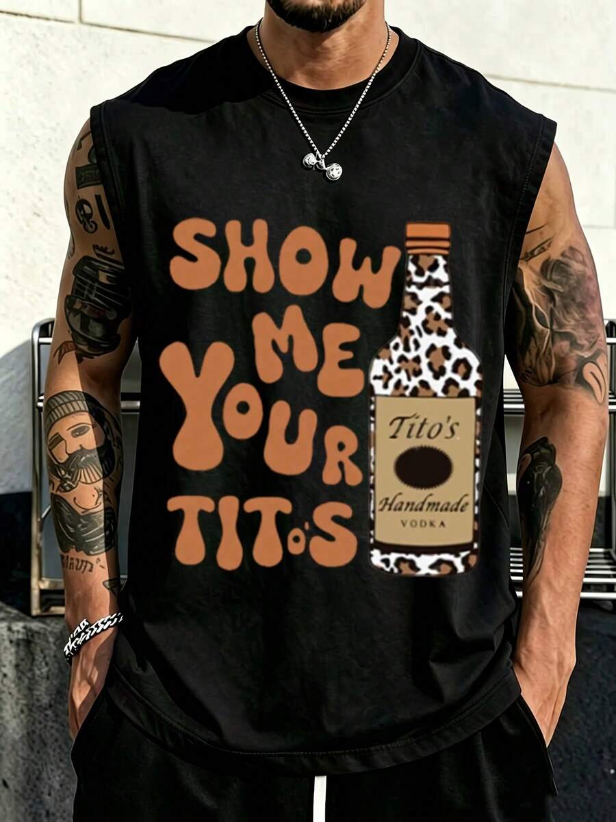 Show Me Your Titos Vodka Bottle Graphic Sleeveless Tank Top For Men Casual Workout Wear Suitable For Leisure And Sports Activities - màu đen - Xem 1