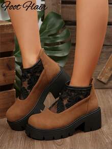 Sepatu Bot Wanita Model Bohemian Berbahan Jala Bernapas dengan Motif Renda, Ujung Bulat, Resleting Belakang, Warna Cokelat Vintage, Cocok untuk Aktivitas Luar Ruangan, Festival, dan Pemakaian Sehari-hari Sepanjang Musim, Modis, Serbaguna, Menambah Tinggi Badan, Motif Acak - Coklat - View 4