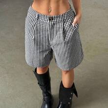 Women's Casual Black & White Plaid Shorts, Spring - Blanco y Negro - Ver 2